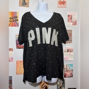 PINK Victoria's Secret Black V-Neck Short Sleeve Top with Silver Logo